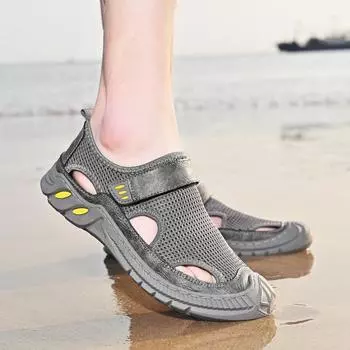 Летняя мода мужская сетчатая повседневная обувь полые дышащие кожаные сандалии 38 чёрный