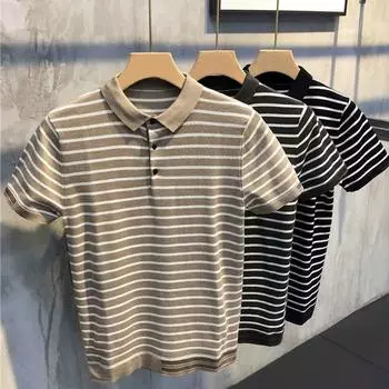 Летняя мода мужская трикотажная футболка-поло с коротким рукавом в корейском стиле Slim Fit Pure Color Ice Silk Повседневная рубашка-поло с коротким рукавом Футболка Нижняя рубашка M абрикосовый