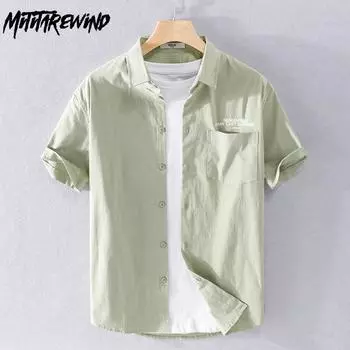 Летние модные мужские рубашки, повседневные рубашки, молодежные простые мужские топы, однотонные рубашки с воротником-лацканами и карманами, с коротким рукавом, молодежная свежая мужская одежда M белый
