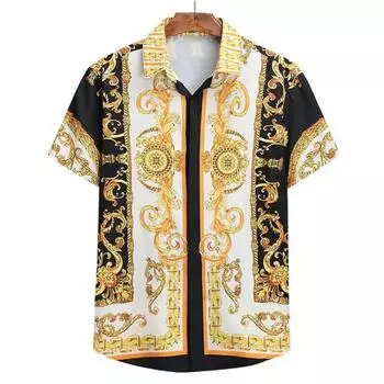 Летняя мода мужские рубашки с коротким рукавом повседневные роскошные стильные топы с золотым принтом повседневная одежда мужские рубашки свободные топы S