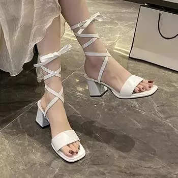 Летняя мода, новые банкетные сексуальные удобные босоножки с квадратным носком, перекрестные ремешки, популярные однотонные туфли с неглубоким носком и высоким каблуком 34 белый
