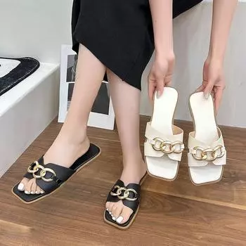 Летняя мода, новые повседневные сандалии с квадратным носком, однотонные, с металлической плоской подошвой, сексуальные, элегантные, женские, удобные тапочки 36