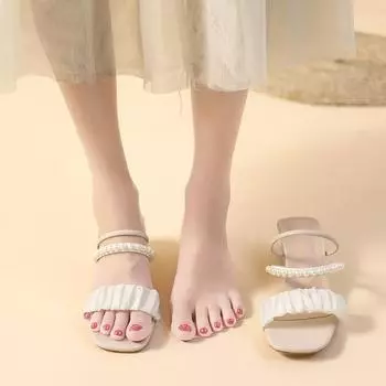 Летняя мода, новые повседневные тапочки с квадратным носком, украшенные бисером, однотонные женские сандалии без застежек, сексуальные банкетные удобные туфли на высоком каблуке 35