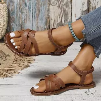 Летняя мода новые женские сандалии с римскими ремешками на плоской подошве с нескользящей резиновой подошвой элегантная модная женская обувь 36