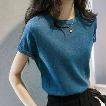 Летняя мода, новый короткий рукав вязаный свитер пуловеры женские топы с круглым вырезом синий черный вязаный женский свитер пуловер JJ39 One Size чёрный