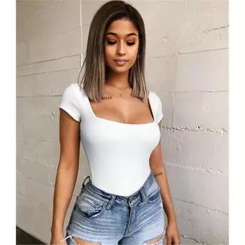 Летняя мода, новый продукт, бюстгальтер с одной линией шеи, сексуальный приталенный однотонный комбинезон с короткими рукавами S чёрный