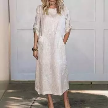Летняя мода однотонное свободное повседневное женское платье S белый