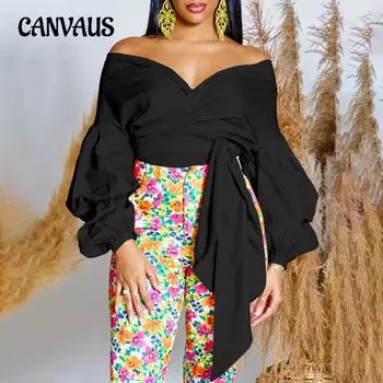 Летняя мода плюс размер сплошной цвет без бретелек с перекрестными завязками и пузырьковыми рукавами сексуальная женская рубашка с v-образным вырезом S чёрный