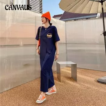 Летняя мода плюс размер женское платье разрез принт футболка длинные длинные платья L темно-синий