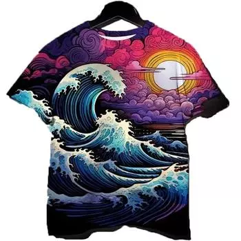 Летняя мода повседневная футболка с рисунком восхода солнца над морским пейзажем для мужчин новый тренд уличный хип-хоп 3D принт с коротким рукавом S