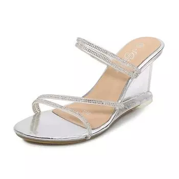 Летняя мода, повседневная женская обувь на танкетке с неглубоким носком, прозрачные сандалии с открытым носком со стразами и кристаллами LFD 34 золотой