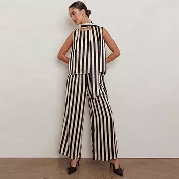 Летняя мода повседневные брюки в полоску с принтом комплекты женские рубашка с короткими рукавами + широкие брюки комплект из двух предметов женский S
