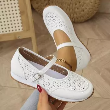 Летняя мода повседневные туфли для женщин 2025 новые полые однотонные сетчатые дышащие рабочие туфли с круглым носком и пряжкой 36 белый