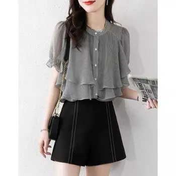 Летняя мода повседневный темперамент утягивающая универсальная женская рубашка с оборками женская рубашка S