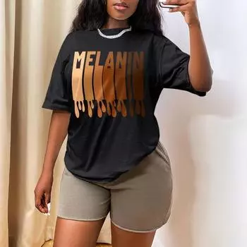 Летняя мода принтованный черный круглый вырез свободный хлопок короткий рукав футболки женские S