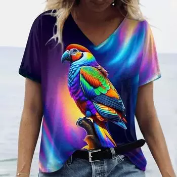 Летняя мода птица попугай 3D принт футболки женские V-образный вырез короткий рукав футболка Y2k топы футболки свободные Harajuku женская одежда S