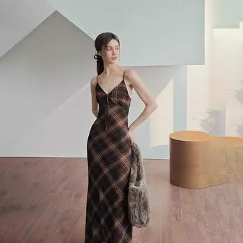 Летняя мода ретро клетчатое платье Pure Want To Be A Girl облегающее платье с бретелью через шею S