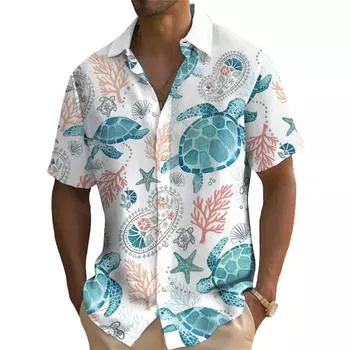 Летняя мода ретро океан животные черепаха принт мужская рубашка с коротким рукавом уличная повседневная свободные мужские рубашки свободные топы S