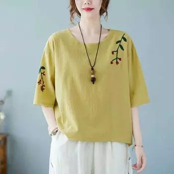 Летняя мода ретро вышивка хлопок лен рукав пять четвертей футболка свободный утягивающий повседневный универсальный топ для женщин футболки женские M жёлтый