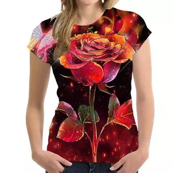 Летняя мода Роза Цветок 3D Принт Футболки Женская уличная одежда Повседневная Harajuku Футболка с коротким рукавом Футболки с круглым вырезом Топы Одежда L