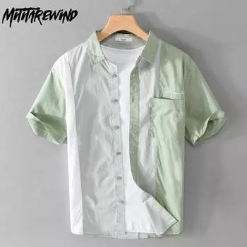 Летняя мода рубашки с коротким рукавом для мужчин, свежая молодежная уличная одежда, мужские топы, повседневная рубашка из чистого хлопка с вышивкой, мужская одежда в корейском стиле M синий