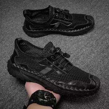 Летняя мода ручной работы из воловьей кожи сетчатые дышащие сандалии классические полые удобные мужские уличные альпинистские туфли для водных видов спорта 38 чёрный