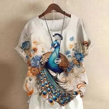 Летняя мода с 3D принтом павлина, круглым вырезом и короткими рукавами, Y2K, повседневная свободная женская новая футболка, топ больших размеров S