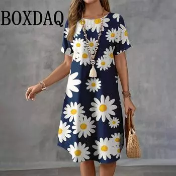Летняя мода с цветочным принтом для женщин в стиле ретро с круглым вырезом, свободные элегантные платья с коротким рукавом, повседневные праздничные пляжные сарафаны XS