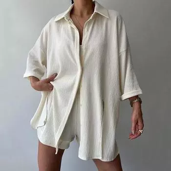 Летняя мода с короткими брюками, женские костюмы с отложным воротником, однотонная женская рубашка, комплекты из 2 предметов, элегантная блузка, топы, женские S белый