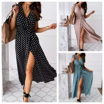 Летняя мода с короткими рукавами и v-образным вырезом, сексуальная повседневная длинная юбка, богемное платье с принтом в горошек S чёрный