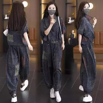 Летняя мода с короткими рукавами, рубашка-летучая мышь, универсальные шаровары, двухкомпонентная, темпераментная, тонкая женская одежда XXXXXL чёрный