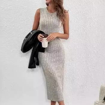 Летняя мода с круглым вырезом, однотонное трикотажное облегающее женское платье на бретельках, осеннее сексуальное серое платье макси с бедрами, вечерние платья M