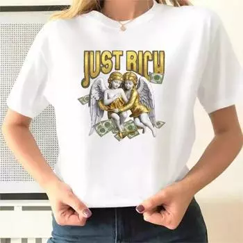 Летняя мода с надписью JUST RICH Printed Women s Casual Pure Cotton Short Sleeve Top T Shirts Women s S белый