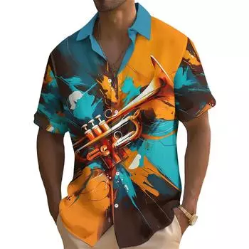 Летняя мода с рисунком в виде музыкальных инструментов, мужская рубашка с коротким рукавом, повседневная мужская рубашка свободного покроя M