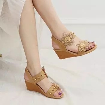 Летняя мода сандалии на каблуке с наклоном женские повседневные сандалии с цветами пляжная обувь 36 чёрный