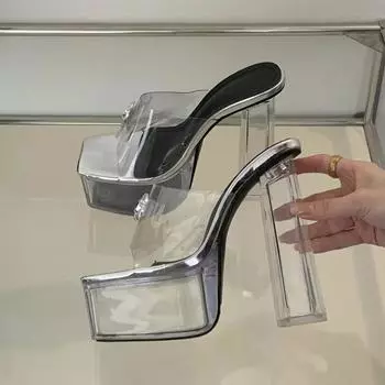 Летняя мода Серебристые КРИСТАЛЛ ПВХ Прозрачные шлепанцы на платформе Женские с открытым носком Сандалии на квадратном каблуке для танцев Женская обувь 35 серебряный