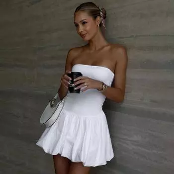 Летняя мода сексуальное однотонное платье без бретелек с талией для женщин платья S белый