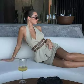 Летняя мода сексуальный уличный специи двойной пояс талия свисающий шея жилет обертывание бедра юбка костюм S хаки