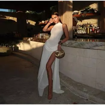 Летняя Мода Сексуальный Высокий Разрез на Талии Женская Длинная Юбка Темпераментное Платье без Рукавов с Плиссировкой S белый