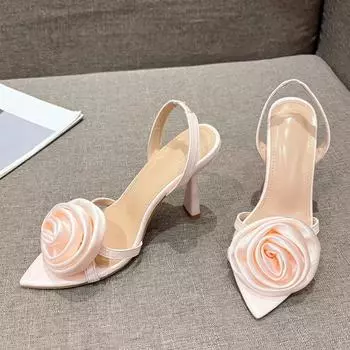 Летняя Мода Шелковые Розы Цветы Острый Носок Открытый Носок Ремешок Сзади Сандалии Женские Красные Высокие Каблуки Свадебные Выпускные Туфли Zapatos Mujer 35