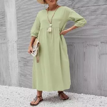 Летняя мода Свободное повседневное платье Твердые женские большие размеры из хлопка и льна с карманами Женское длинное платье трапециевидной формы Элегантные платья с рукавами-фонариками Женский ретро 24513 S чёрный