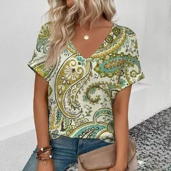 Летняя мода свободный повседневный женский топ с V-образным вырезом зеленый цветочный принт винтажный короткий рукав персонализированная футболка размера плюс S