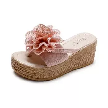 Летняя мода танкетка рыбий рот повседневные женские римские сандалии и тапочки с цветочным принтом 40 чёрный