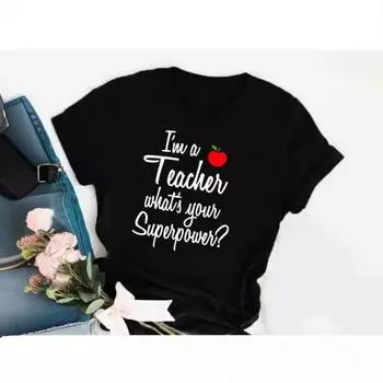 Летняя мода TEACHRER День учителя Креативный буквенный принт Повседневные свободные хлопковые футболки с круглым вырезом и короткими рукавами для женщин S