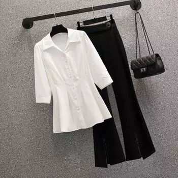 Летняя мода темперамент профессиональный костюм рубашка кардиган топ был тонкий расклешенные брюки женский большой размер женский костюм из двух частей 6XL белый