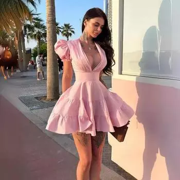 Летняя мода темперамент светская львица глубокий V-образный вырез рукава-фонарик талия пышное короткое платье S розовый