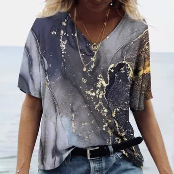 Летняя мода Текстурированные 3D-принты Футболки Женская повседневная уличная одежда Футболка с коротким рукавом и V-образным вырезом Футболки Harajuku Топы Одежда S