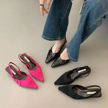 Летняя мода толстый каблук сандалии женственность ветер складки острый тонкий каблук одинарные туфли женские 35