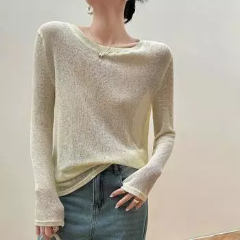 Летняя Мода Тонкая Защита от Солнца Лен Свободный Трикотаж Накидка Женская Ленивый Стиль Высокий Класс Футболка с Длинным Рукавом L жёлтый