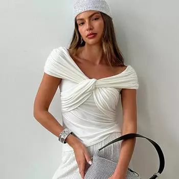 Летняя мода, тонкие топы с открытыми плечами, женские однотонные рубашки без рукавов со складками, женские вечерние сексуальные тонкие футболки, повседневные уличные укороченные топы для женщин S белый